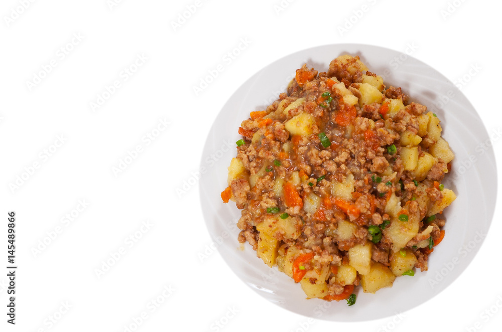 stewed potato with minced meat. top view. isolated on white stewed potato with minced meat. top view. isolated on white