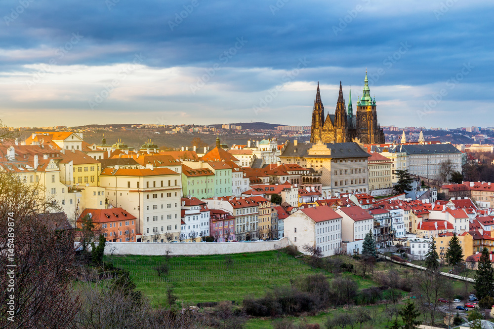 Spring Prague panorama from Prague Hill with Prague Castle, Vltava river and historical architecture. Concept of Europe travel, sightseeing and tourism.