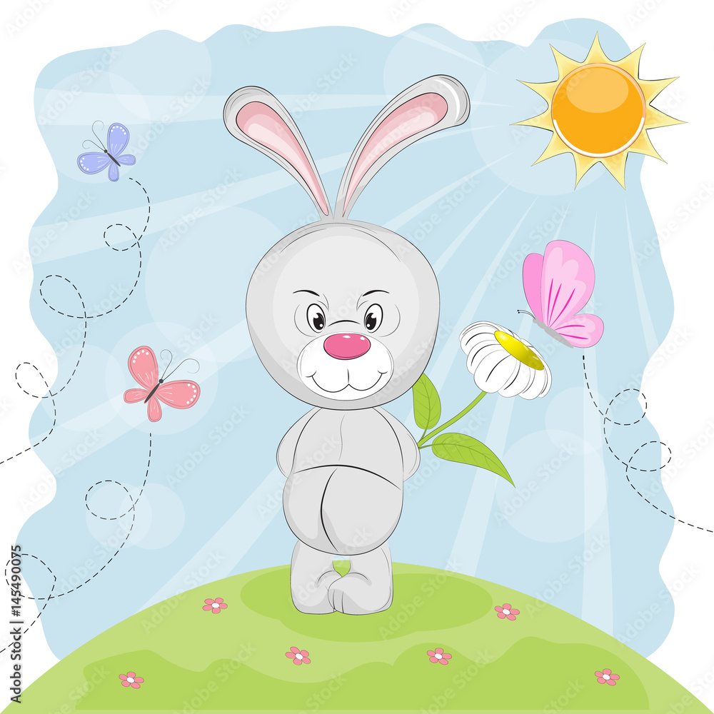 Obraz premium Cute rabbit with flower and butterflies on a meadow.