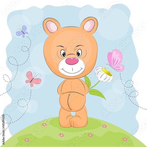 Cute  bear with flower and butterflies on a meadow.