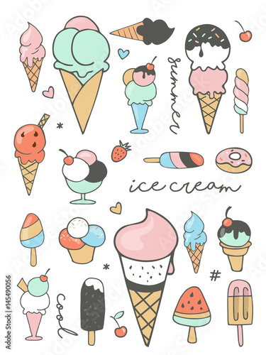 Ice cream, sweet summer collection of icons, doodles, illustations photo