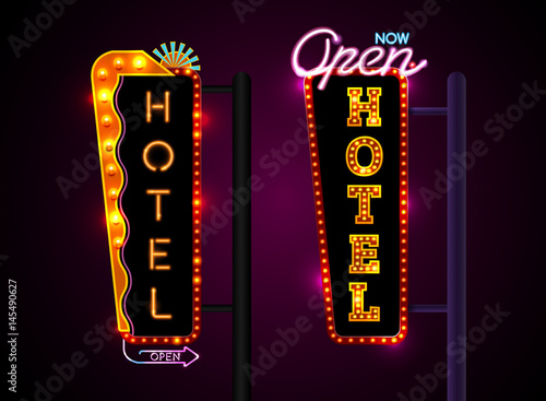 Neon hotel sign, set vertically text, Vector illustration