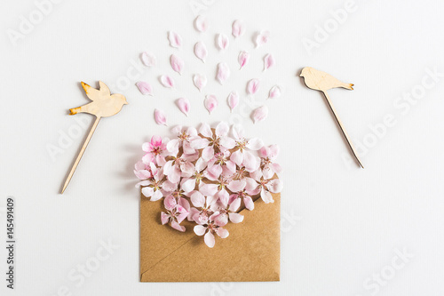 close up of opened craft paper envelope full of spring blossom sakura flowers on white background. top view. concept of love. Flat lay.