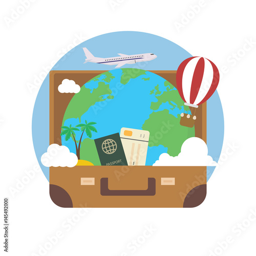 Travel concept. Earth in case passport tickets plane hot air balloon