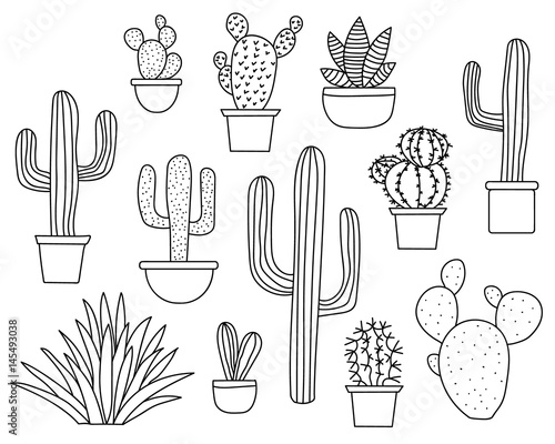 Set of hand drawn cactus plants in a cartoon style including agave, aloe vera and cacti in pots. Line art with no fill.