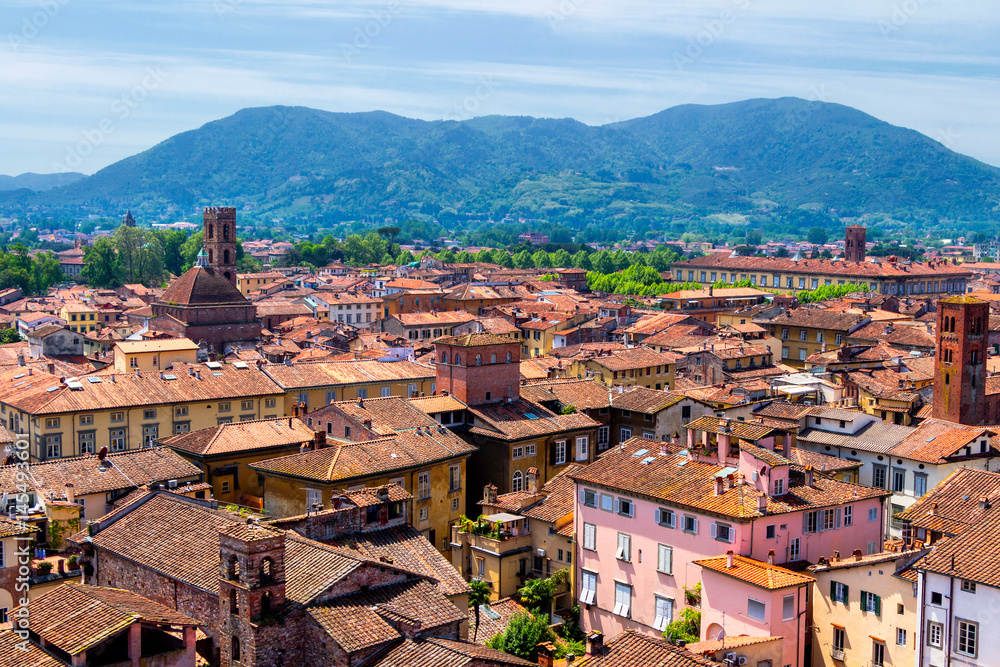View over Italian town Lucca with typical terracotta roofs View over Italian town Lucca with typical terracotta roofs