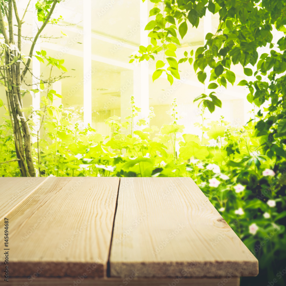 Wood table top on blur tree,garden in morning background .summer,nature ...