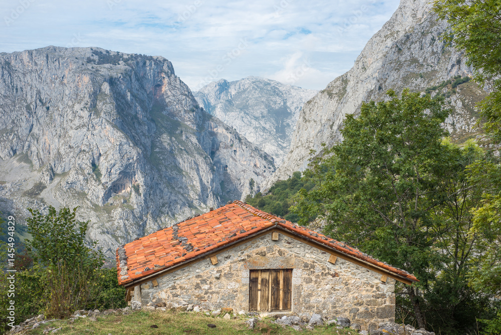Hiking in the Los Picos de Europa up to the viewpoints, to see the mountain Naranjo de Bulnes and the summits of the neighborhood of the village Bulnes in Asturias Spain