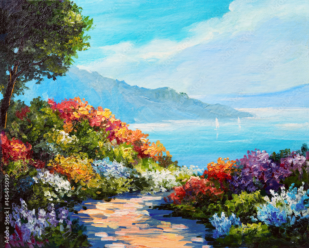Fototapeta premium oil painting, house near the sea, sea coast, colorful flowers, summer seascape