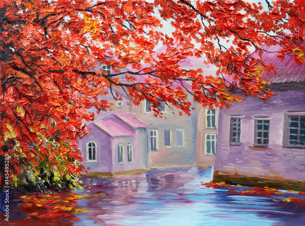 Obraz premium Oil painting, colorful autumn trees, impressionism art
