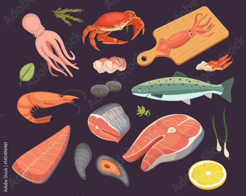 Vector Seafood illustrations set flat fresh fish and crab. Lobster and oyster, shrimp and menu, octopus animal, shellfish lemon