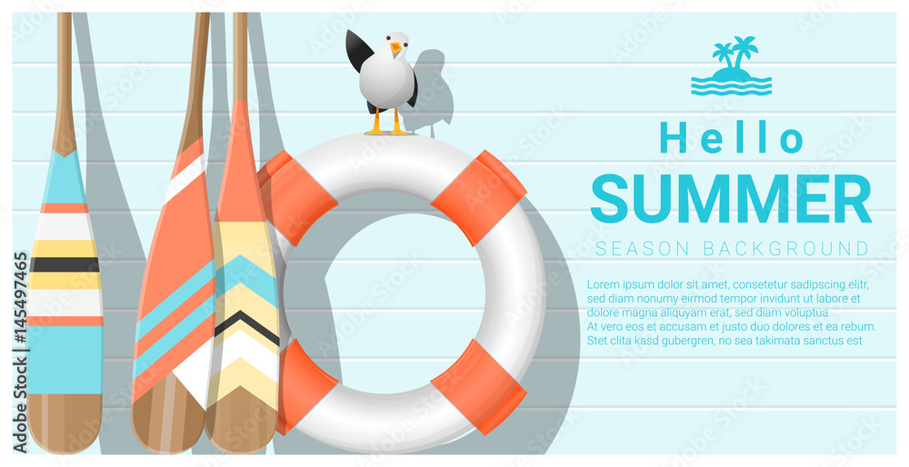 Obraz premium Hello summer background with lifebuoy and canoe paddle , vector , illustration