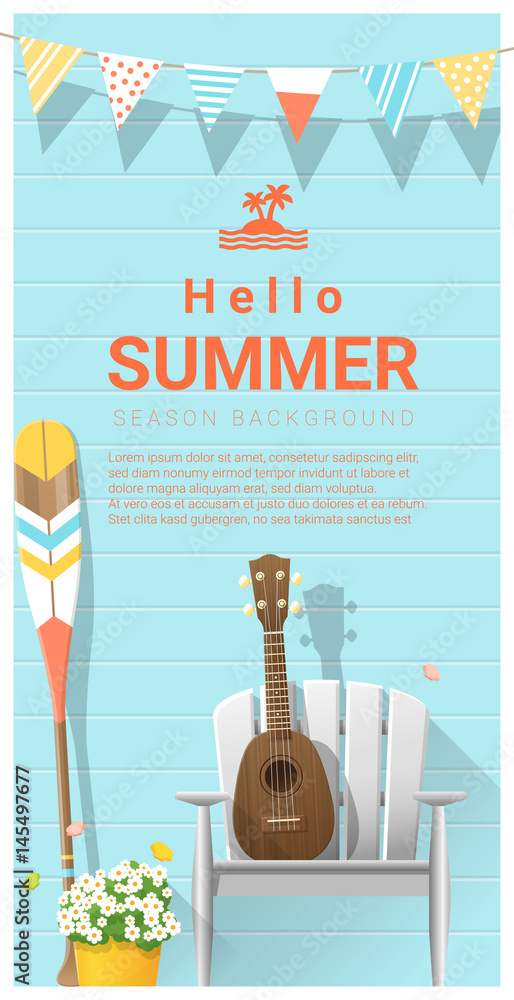 Obraz premium Hello summer background with ukulele on white chair and canoe paddle , vector , illustration