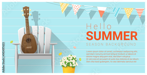 Hello summer background with ukulele on white chair , vector , illustration