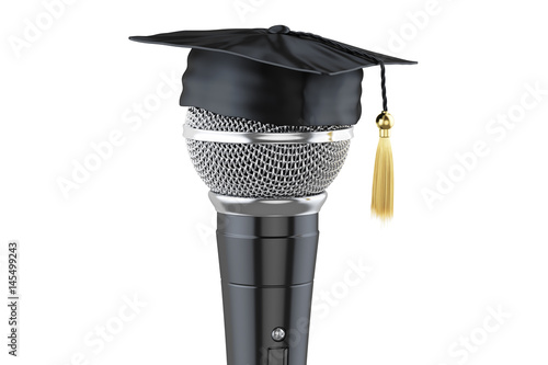 microphone with graduation cap, 3D rendering photo