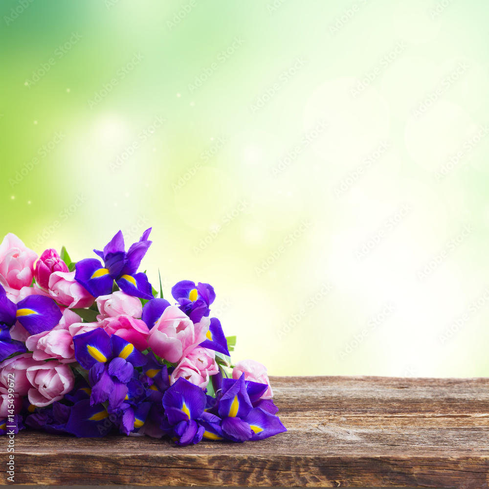 Fototapeta Bunch of blue irises and pik tulips on wooden table border on bokeh background