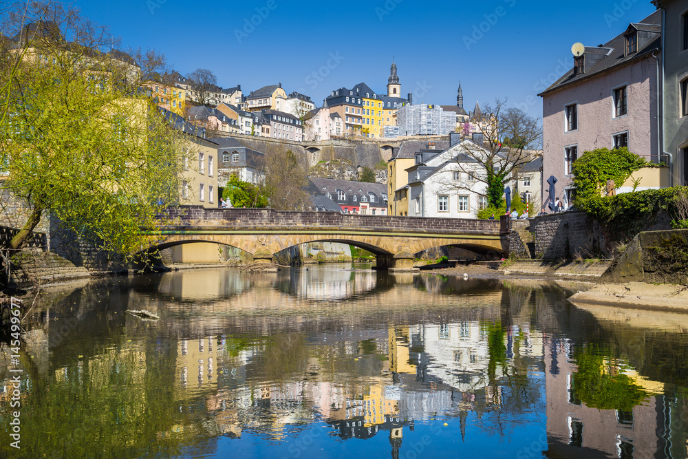 Historic city center of Luxembourg City with Alzette river in summer, Luxembourg