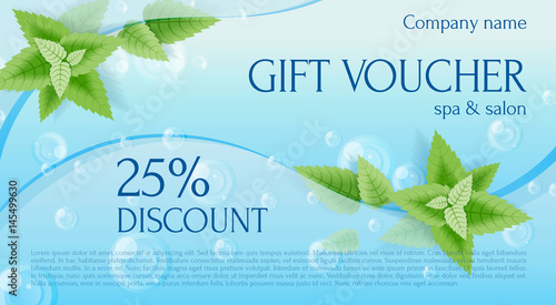 Gift voucher. Gift Certificate. Gift card. Coupon template. Background for shop, beauty salon, spa and invitation. Mint leaves among the bubbles in the water. Vertical