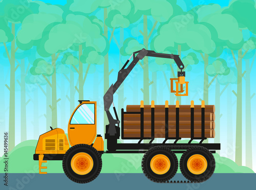 Forwarder. Self-propelled vehicle for the transportation of timber. Vector