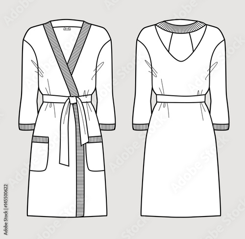 White bathrobe for women. Vector illustration. Front and back views.