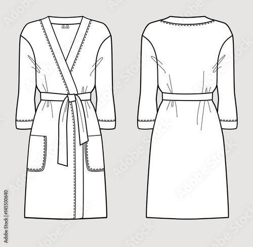 White bathrobe for women. Vector illustration. Front and back views.