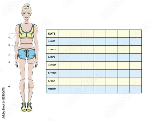 Measurement chart of body parameters for sport and diet effect tracking. Blank weight loss table layout. Chest, waist, hips, arms, thighs measurements recording. Vector illustration.