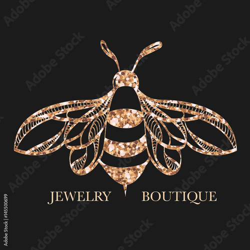 Vector logotype for jewelry boutique, store, shop. Elegant glittering bumblebee silhouette at black background. Outline of bee. Can be used for postcard, print, logo, poster, label.