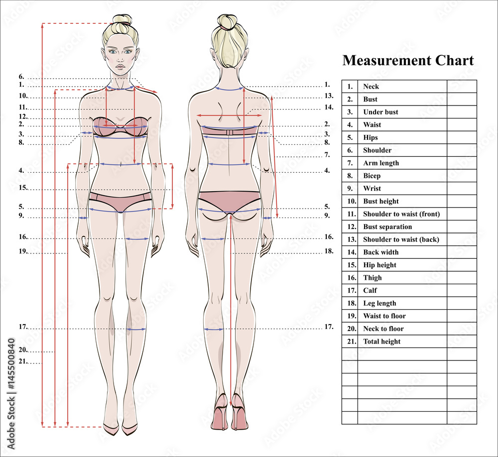 Woman body measurement chart. Scheme for measurement human body