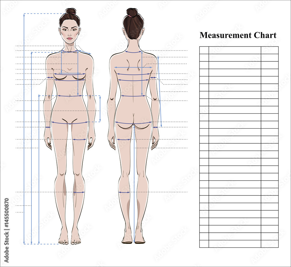 Woman body measurement chart. Scheme for measurement human body for sewing  clothes. Female figure: front and back views. Template for dieting,  fitness. Vector. Stock Vector | Adobe Stock