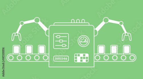 Thin line style assembly line. Automatic production conveyor. Robotic industry concept. Vector illustration.