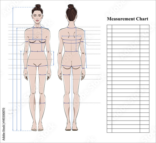 Woman body measurement chart. Scheme for measurement human body for sewing clothes. Female figure: front and back views. Template for dieting, fitness. Vector.