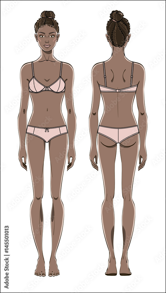 Female figure in underwear: front and back. Young african american woman.Human  body in linear style. Color vector. Stock Vector