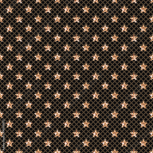 Veil seamless pattern with gold glittering stars on black background. Vector illustration.