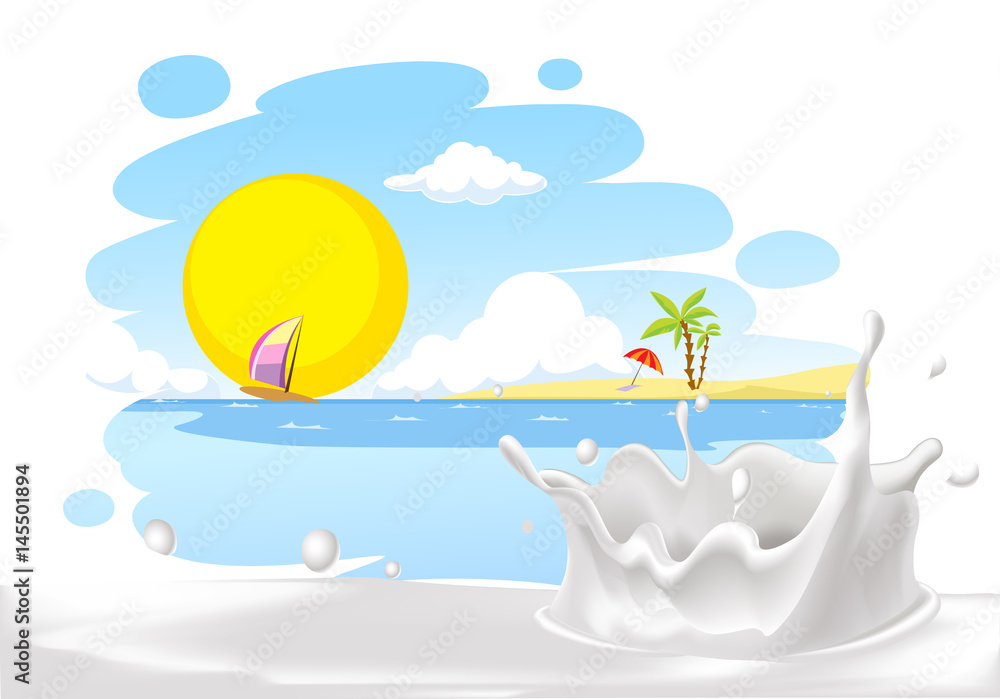 painted summer beach landscape with milk splash design - vector illustration