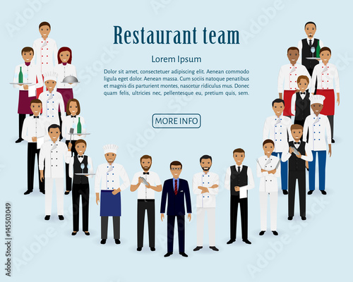 Restaurant team. Group of manager, chef, waiters, cook, bartenders standing together. Food service staff website banner.