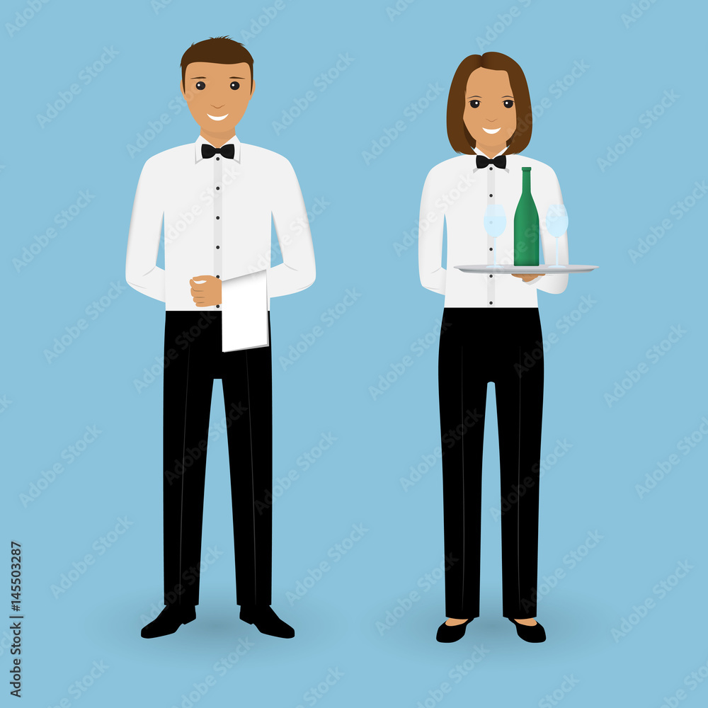 Couple of male waiter and female waitress with dishes and in uniform. Restaurant team concept. Food service staff. Couple of male waiter and female waitress with dishes and in uniform. Restaurant team concept. Food service staff.