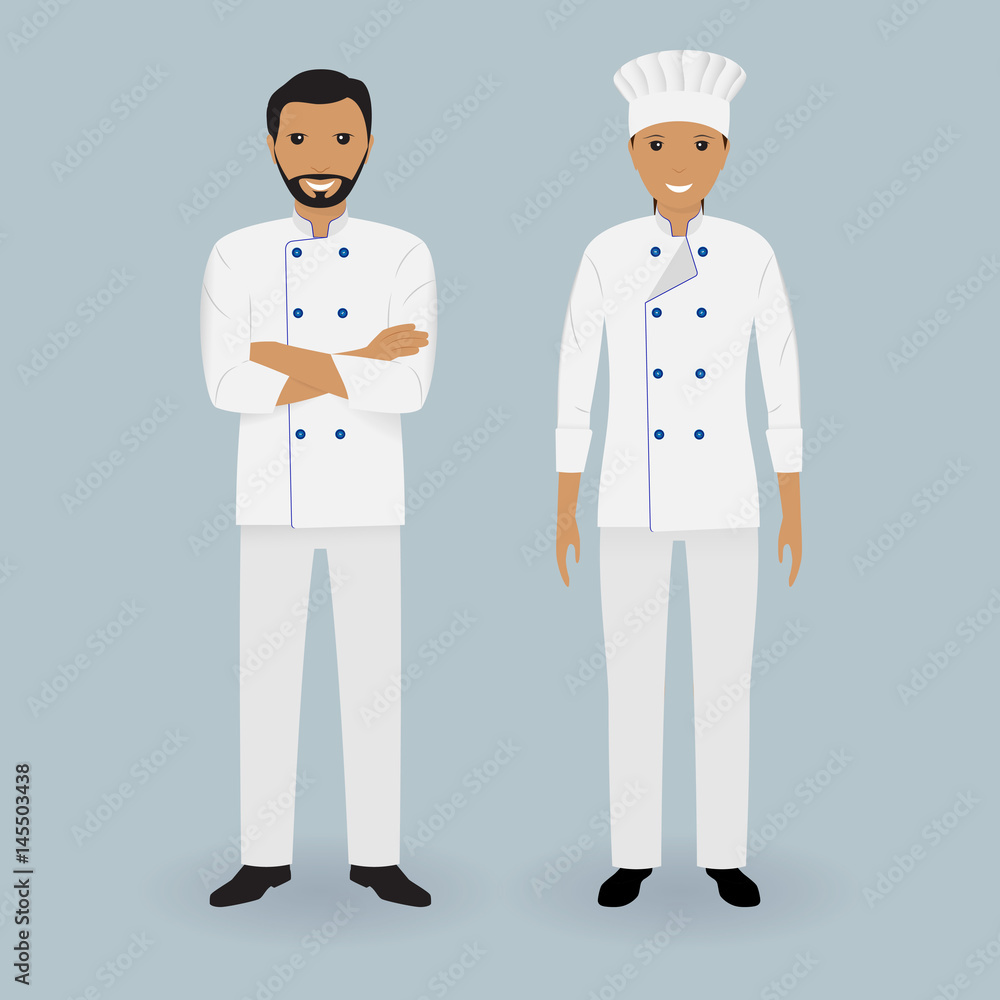 Couple of male and female chefs standing together on a light background. Cooking characters. Restaurant team. Couple of male and female chefs standing together on a light background. Cooking characters. Restaurant team.