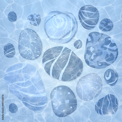 Summer background. Texture of water surface. The bottom of the lake. Stones, sand. Overhead view. Vector illustration nature background.