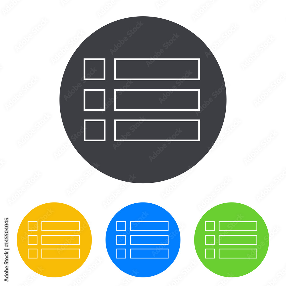 Icono plano tres casillas con cuadrado en circulo varios colores