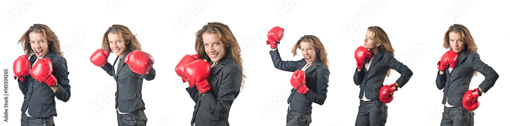 Young woman with boxing gloves isolated on white Young woman with boxing gloves isolated on white