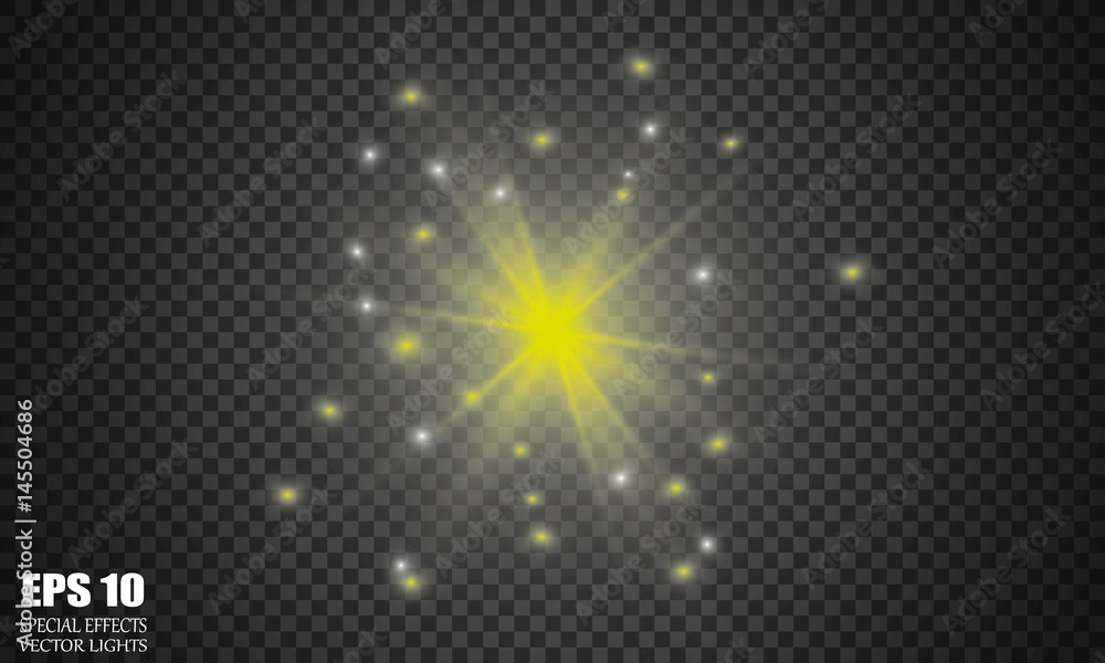 Obraz premium Radiance light yellow star on a transparent background. Stars and sparks fly.