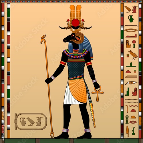 Religion of Ancient Egypt. Khnum is the God of creation, the god of water and the evening sun. Ancient Egyptian god Khnum in the guise of a man with a ram head. Vector illustration.
