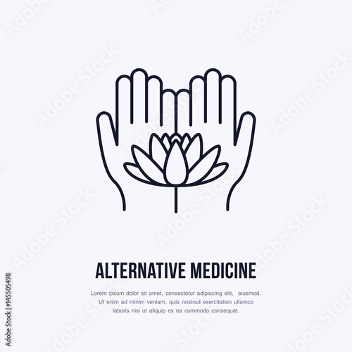 Alternative medicine flat line icon, logo. Vector illustration of lotos flower in hands for traditional treatment, ayurveda, massage or yoga center.