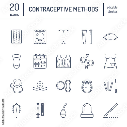 Contraceptive methods line icons. Birth control equipment, condoms, oral contraceptives, iud, barrier contraception, vaginal ring, sterilization. Safe sex thin linear signs for medical clinic.
