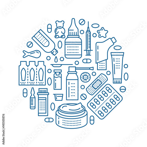 Medical, drugstore poster template. Vector medicament line icons, illustration of dosage forms - tablet, capsules, pills. Medicines antibiotics vitamins, painkiller, aerosol spray. Healthcare banner.