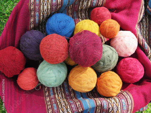 Natural dyed wool yarn in the peruvian Andes at Cuzco