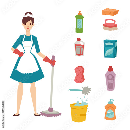 Housewife girl homemaker cleaning pretty girl wash cleanser chemical housework product equipment vector.