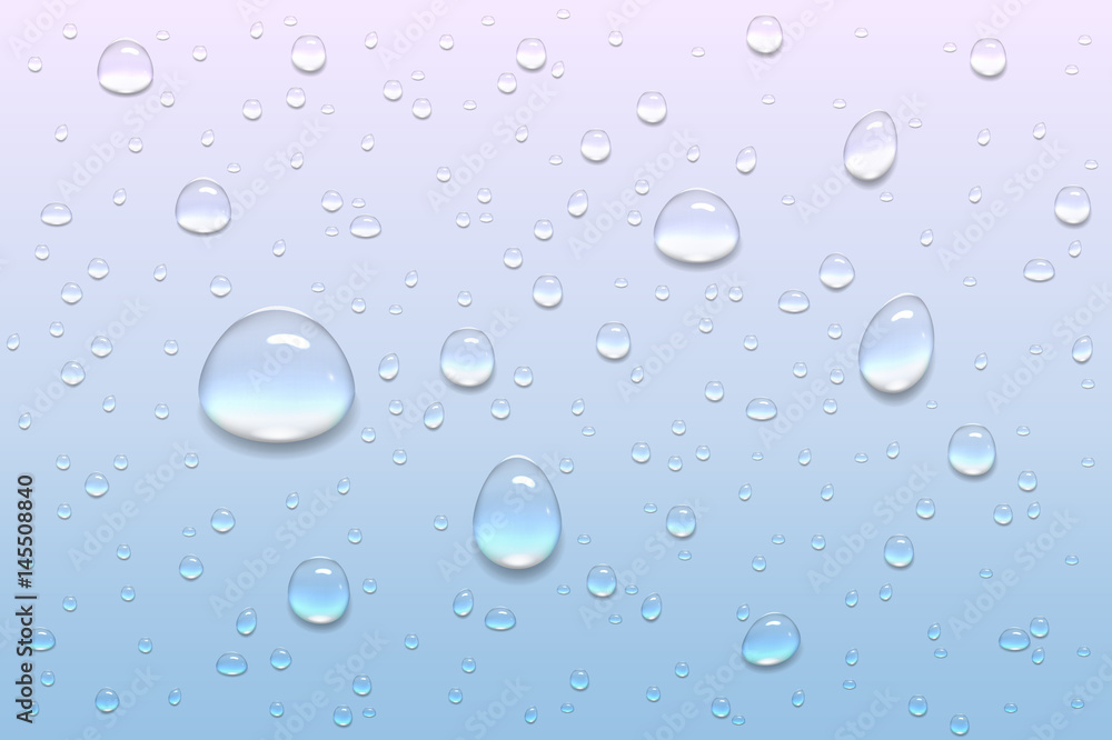 Realistic, transparent drops on a smooth surface or glass. Can be used with a different background. Vector illustration