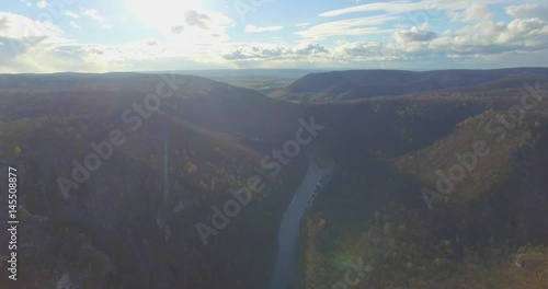 Ural forest, rock, mountain and river. Aerial view photo