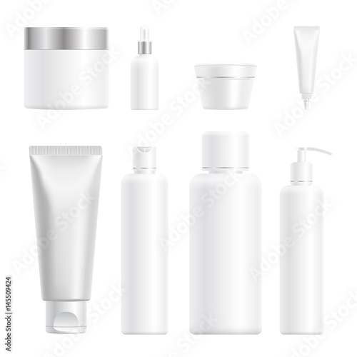 Realistic cosmetic bottle mock up set isolated pack on white background. Cosmetic brand template. Shampoo pack.